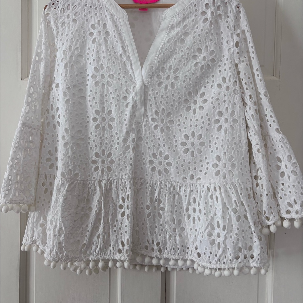 Lilly Pulitzer White Eyelet Blouse with Pom-Pom Trim